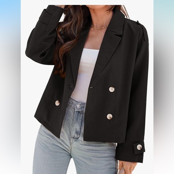 NWT Cropped Trench Coats Double Breasted Blazer Long Sleeve Lapel with Pockets - Picture 1 of 6